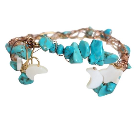 14K Gold Mother Of Pearl Cresant Moon Star Wire Wrapped Turquoise Bangle - Picture 1 of 3